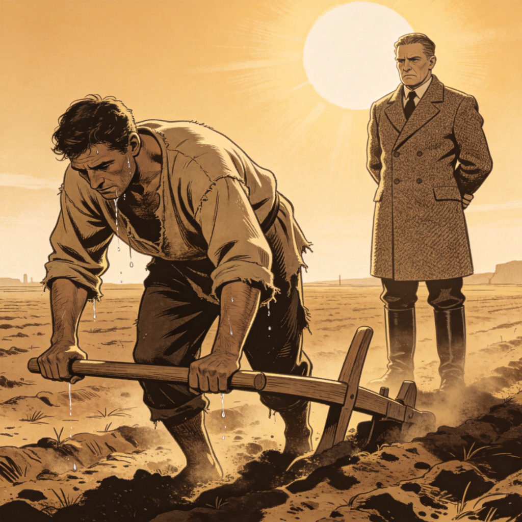 A historical painting or engraving style depiction. In the foreground, a person in torn simple clothing is bowed down, working a field with a hand tool under a hot sun. In the background, a figure in finer clothing stands watching. The focus is on the contrast between the laborer's hardship and the overseer's authority. No text.