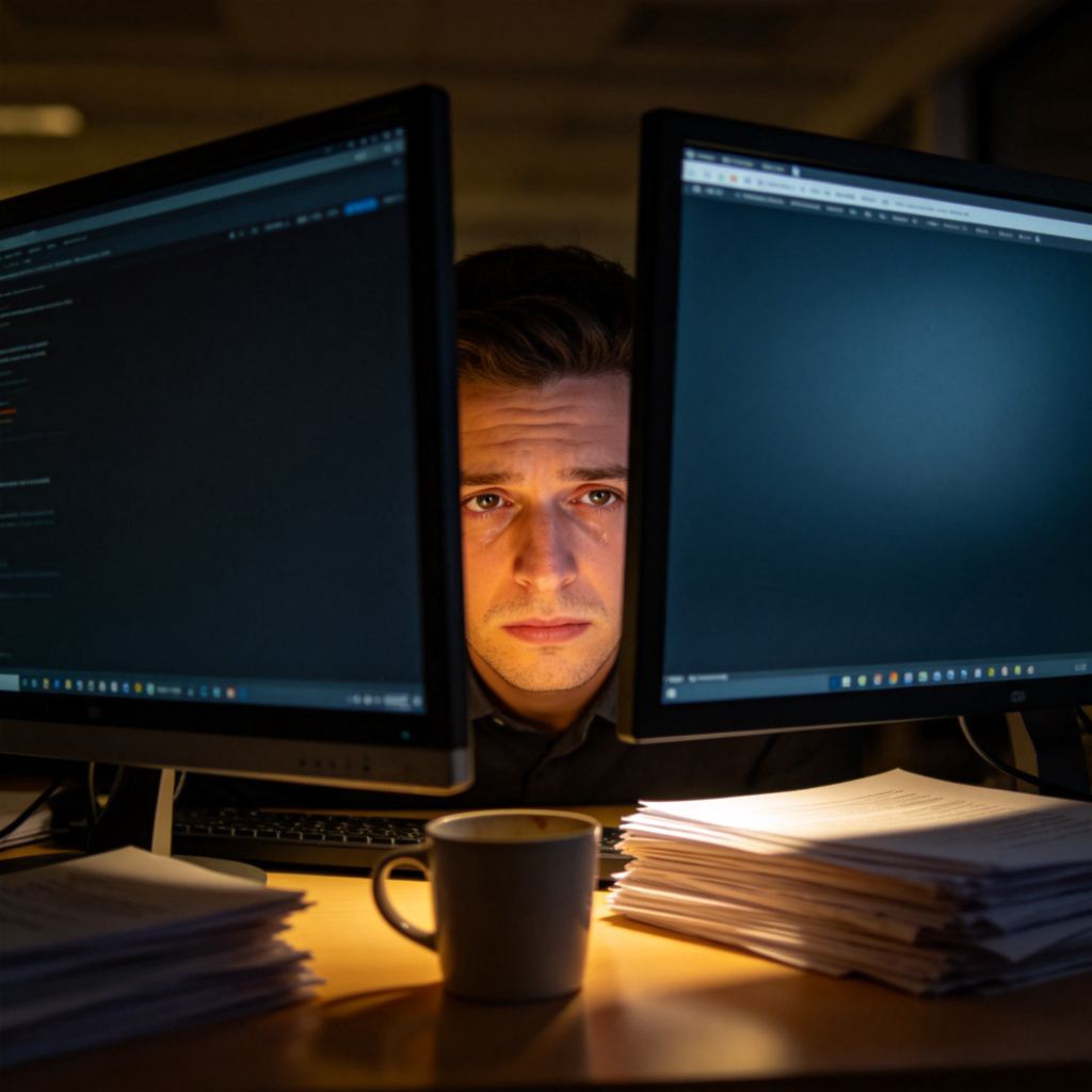 A modern office scene, close-up on a tired-looking person's face illuminated by the glow of two large computer monitors late at night. Stacks of paper and an empty coffee cup are on the desk. The person looks stressed and trapped by the screens. Warm, dim office lighting. No text.