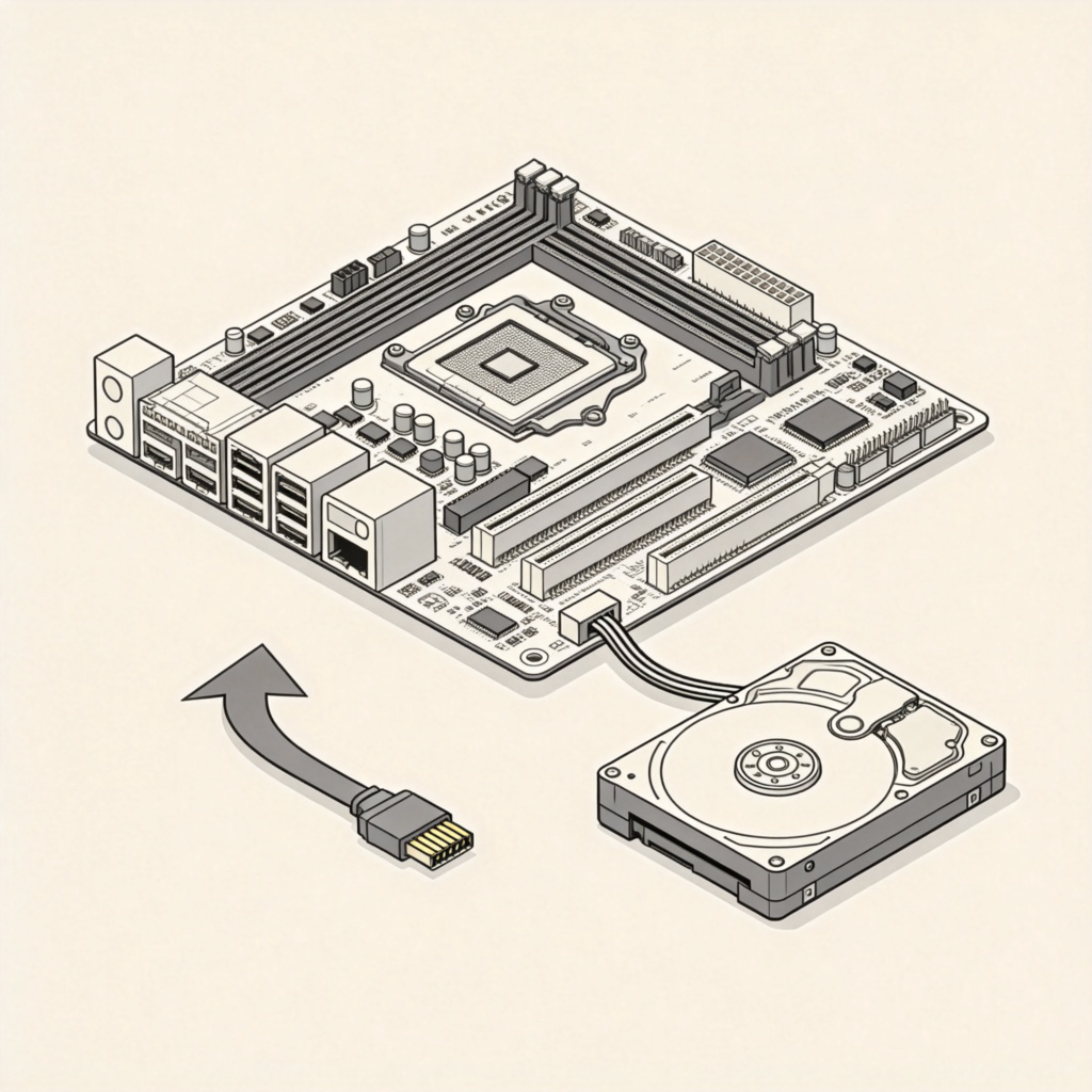 A clear, top-down view of a desktop computer's internal components. A data cable connects the main large motherboard (the master) to a smaller secondary hard drive (the slave). Arrows or visual emphasis show the direction of control from the motherboard to the hard drive. Clean, technical illustration style. No text.