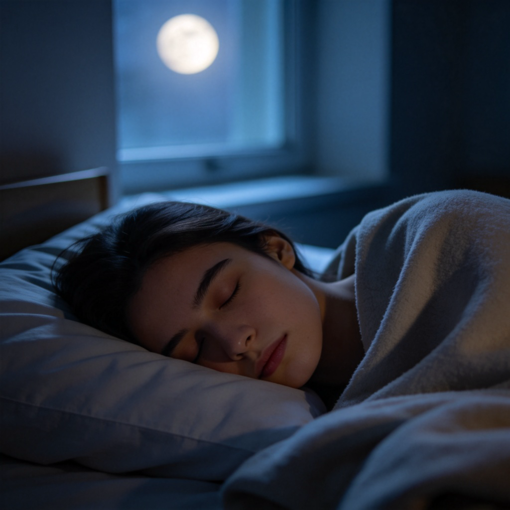 A side view of a person sleeping peacefully in a bed, covered with a soft blanket. The room is dim, only lit by gentle moonlight from a window. The person's eyes are closed, and their breathing appears calm and steady. The focus is on the sleeping person, with a simple bedroom background. No text or logos.