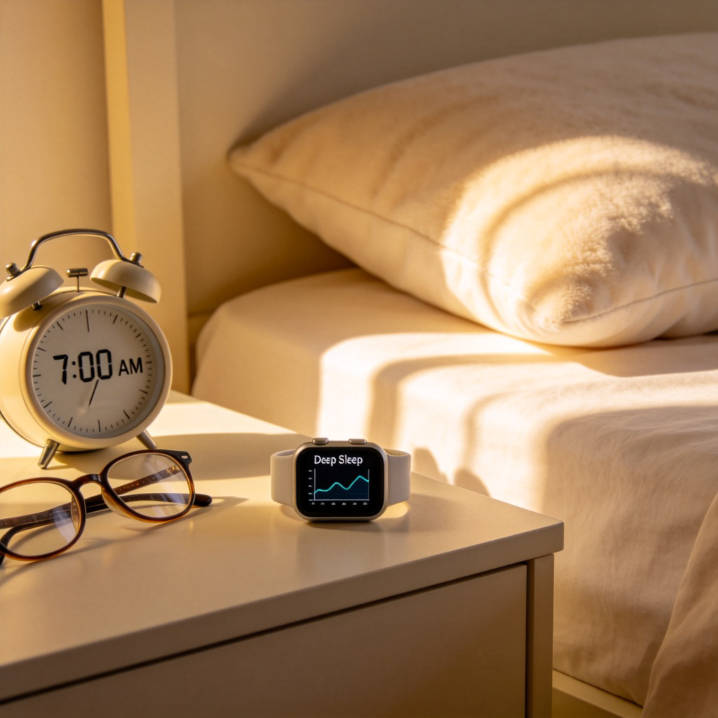 A calm bedside table scene at morning. An alarm clock shows 7:00 AM next to a pair of glasses. Sunlight streams onto a neatly made bed with a plush pillow. A sleep tracker watch is on the table, screen showing a graph labeled 'Deep Sleep'. The atmosphere is peaceful and restful. No text.