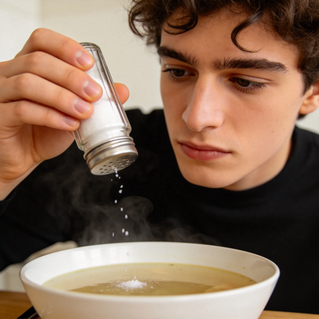 A person holding a salt shaker over a bowl of soup, with just a few grains of salt falling out. The person has a thoughtful expression, showing they are adding only a tiny amount. Simple kitchen background, clear focus on the hand, shaker, and the few falling salt grains. No text.