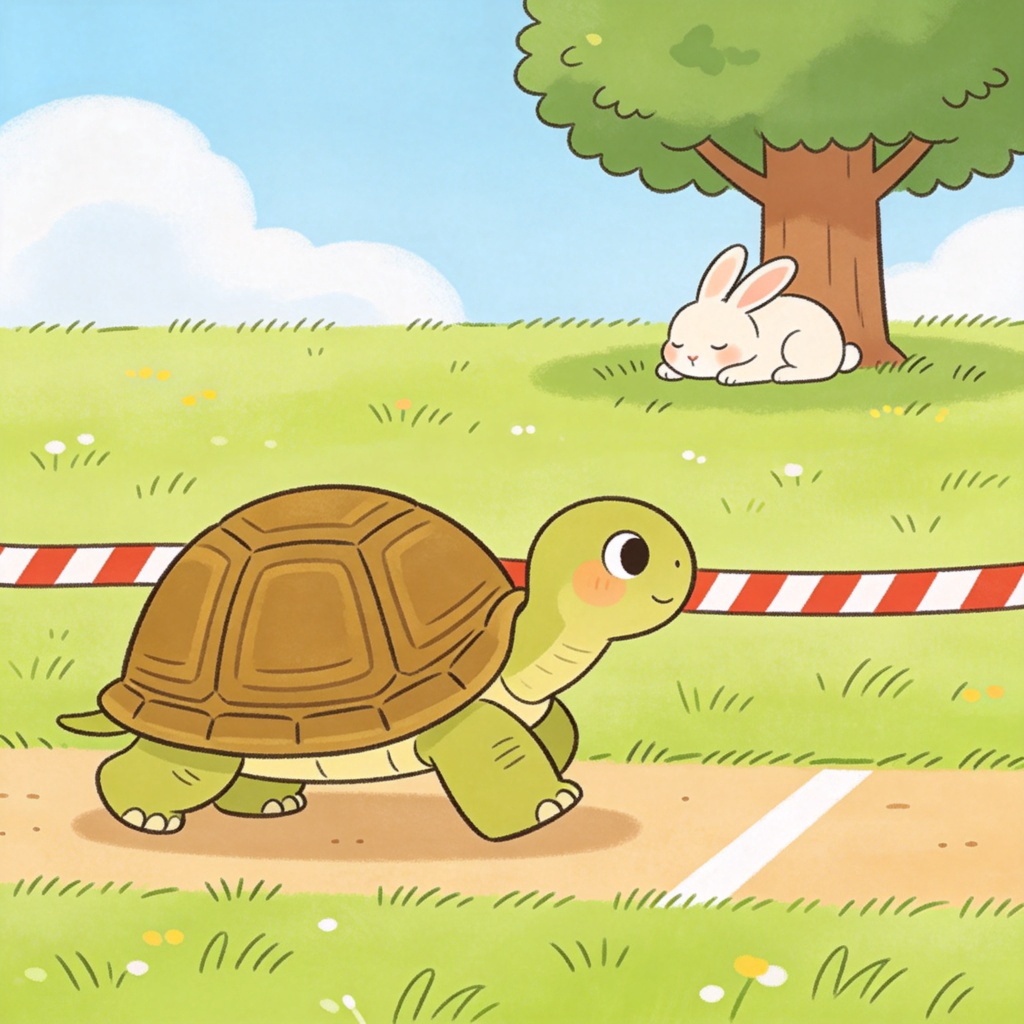 A cartoon scene of a race between a turtle and a rabbit. The turtle is in the lead, moving steadily with a determined look, while the rabbit is napping under a tree far behind. Bright, clear colors, simple background of a grassy field and a finish line ribbon. No text.
