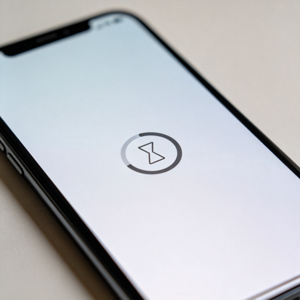 A close-up of a smartphone screen showing a spinning loading wheel (or hourglass icon) on a plain background. The screen is otherwise empty, waiting for an app or website to load. Clean, modern aesthetic, sharp focus on the loading icon. No text or logos.