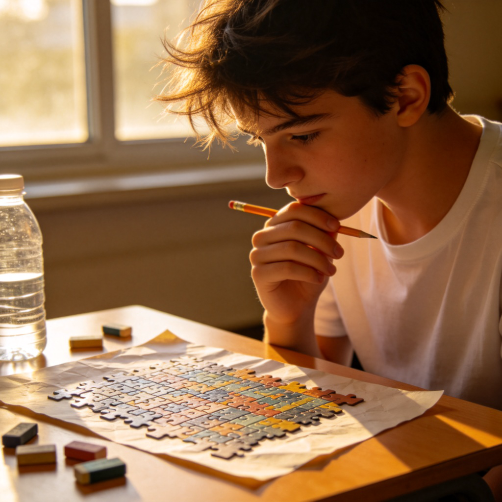 A student sitting at a desk, looking thoughtfully at a complex puzzle or a math equation on a piece of paper. They are tapping their pencil lightly on their chin, showing they are thinking deeply and taking their time to understand. Warm, natural lighting from a window. No text.