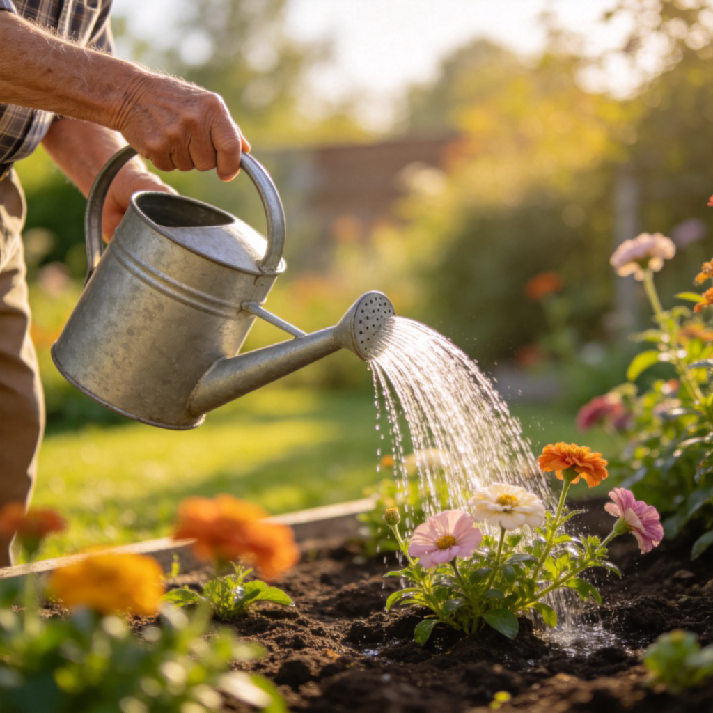 An elderly person with a watering can, gently watering flowers in a garden. The water streams out in a thin, steady arc, landing softly on the soil. The person's movements are calm and deliberate. Bright, natural sunlight, clear focus on the action. No text.