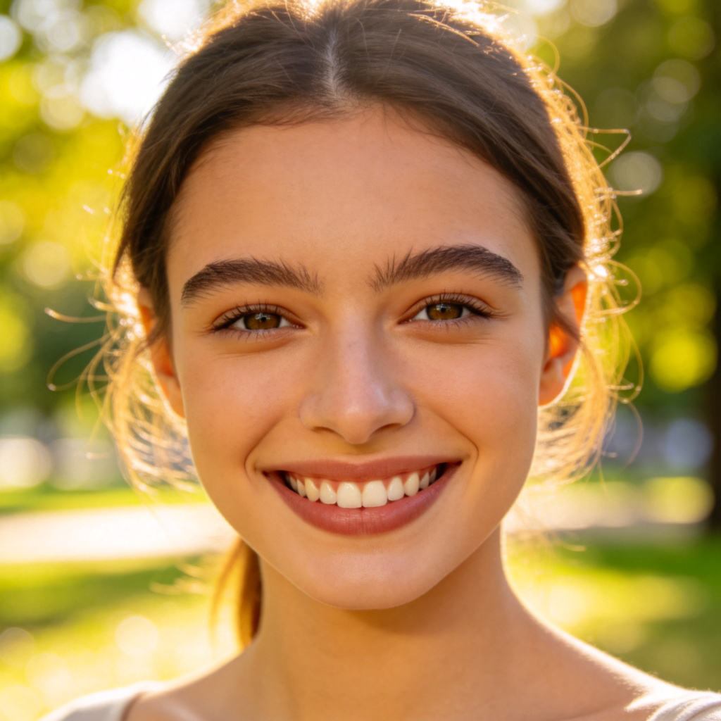 A close-up portrait of a young woman with a natural, friendly smile, showing her teeth slightly. She is looking directly at the camera against a soft, blurred background of a sunny park. The focus is entirely on her joyful expression. No text.