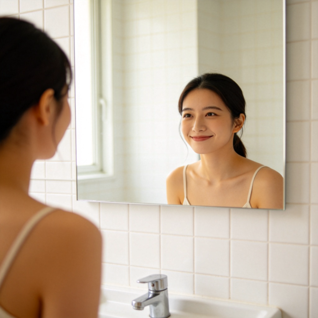 A person practicing a smile in front of a bathroom mirror. We see their reflection, focusing on the deliberate act of turning up the corners of their mouth into a kind expression. The setting is a clean, well-lit home bathroom. No text.
