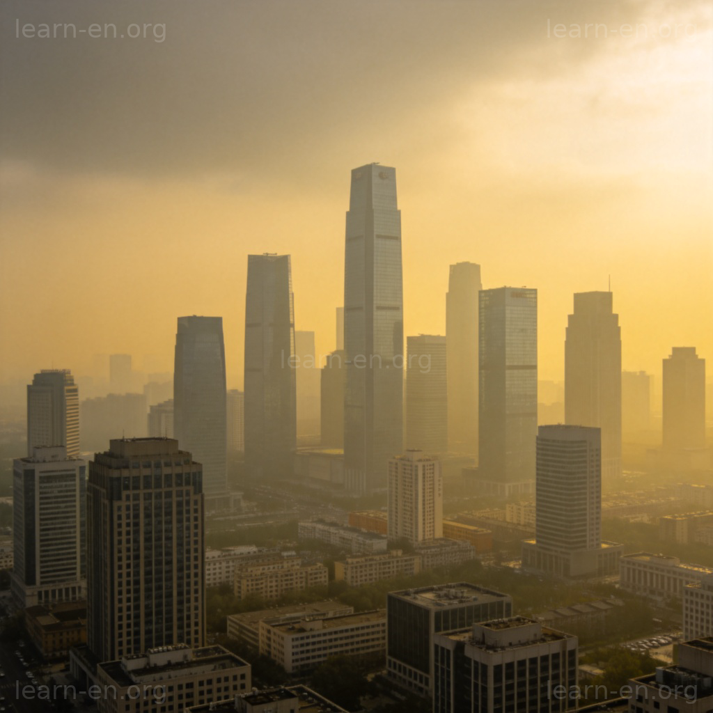 Vue panoramique d'une ville moderne couverte d'un smog épais gris-jaune