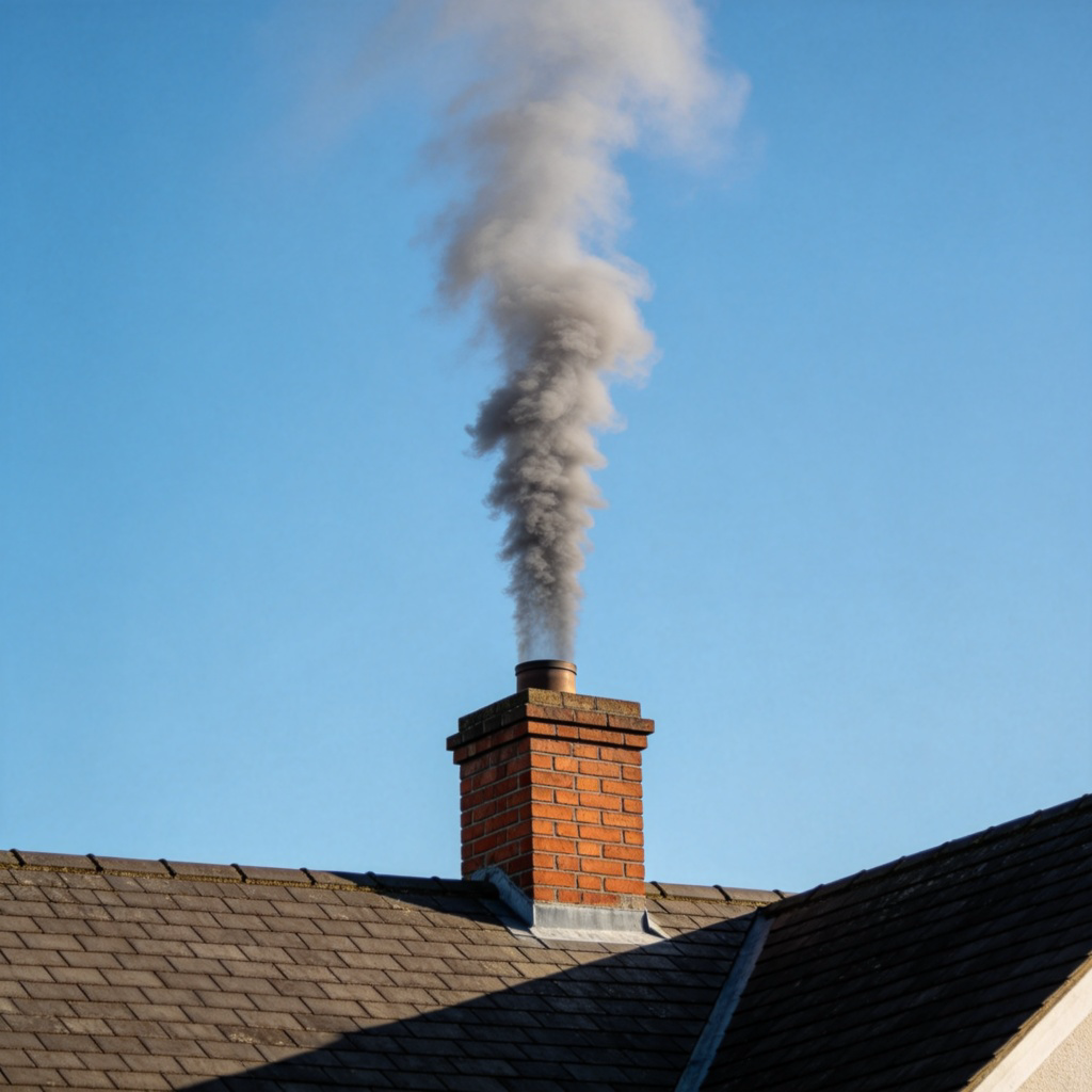 A simple, isolated brick chimney on a rooftop, releasing a single, clear column of grayish-white smoke into a calm blue sky. The smoke should be the most prominent feature. Photo-realistic style, sharp focus on the chimney top and the smoke's texture. No buildings or people in the foreground. No text.