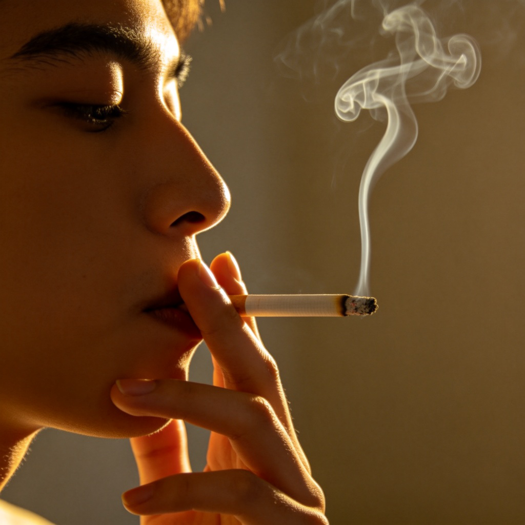 A close-up side view of a person's hand holding a lit cigarette near their mouth. A thin, wispy line of smoke is curling up from the tip of the cigarette and gently dissipating into the air. Focus on the hand, cigarette, and the delicate smoke. Plain, blurred background. No text, no logos, no face shown clearly.