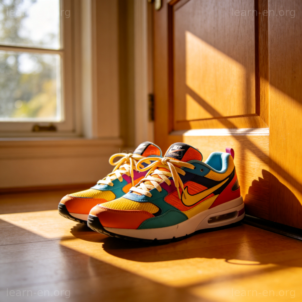 Bright sneakers by the door with sunlight streaming in for a day out