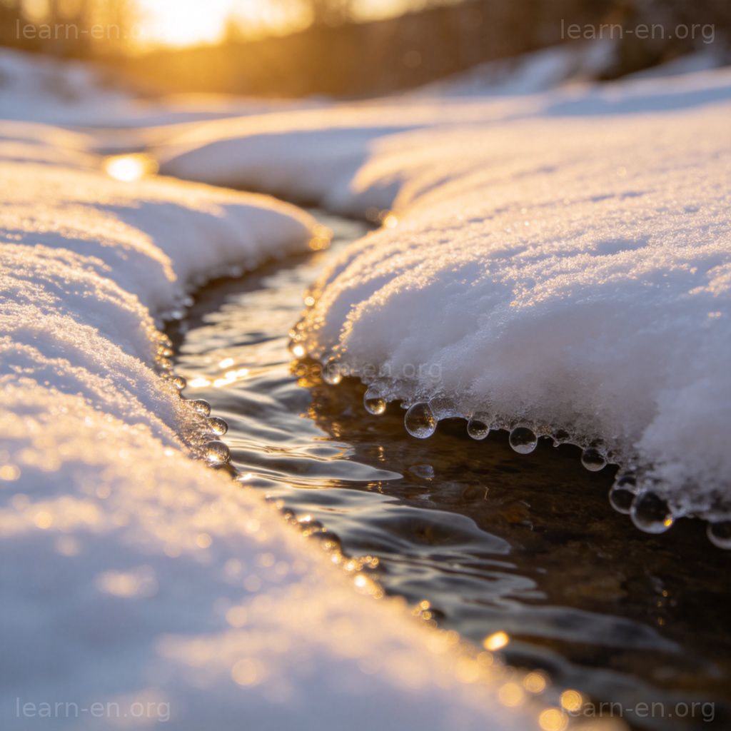 Gros plan sur la fonte des neiges avec gouttes d'eau et ruisseau