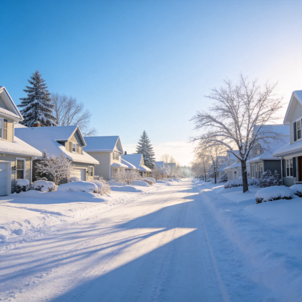 A wide-angle view of a peaceful suburban street after a snowfall. The roofs of houses, trees, and the ground are all covered in a thick, clean layer of white snow. Clear blue sky, morning light casting long shadows. No people or vehicles. Photorealistic style.