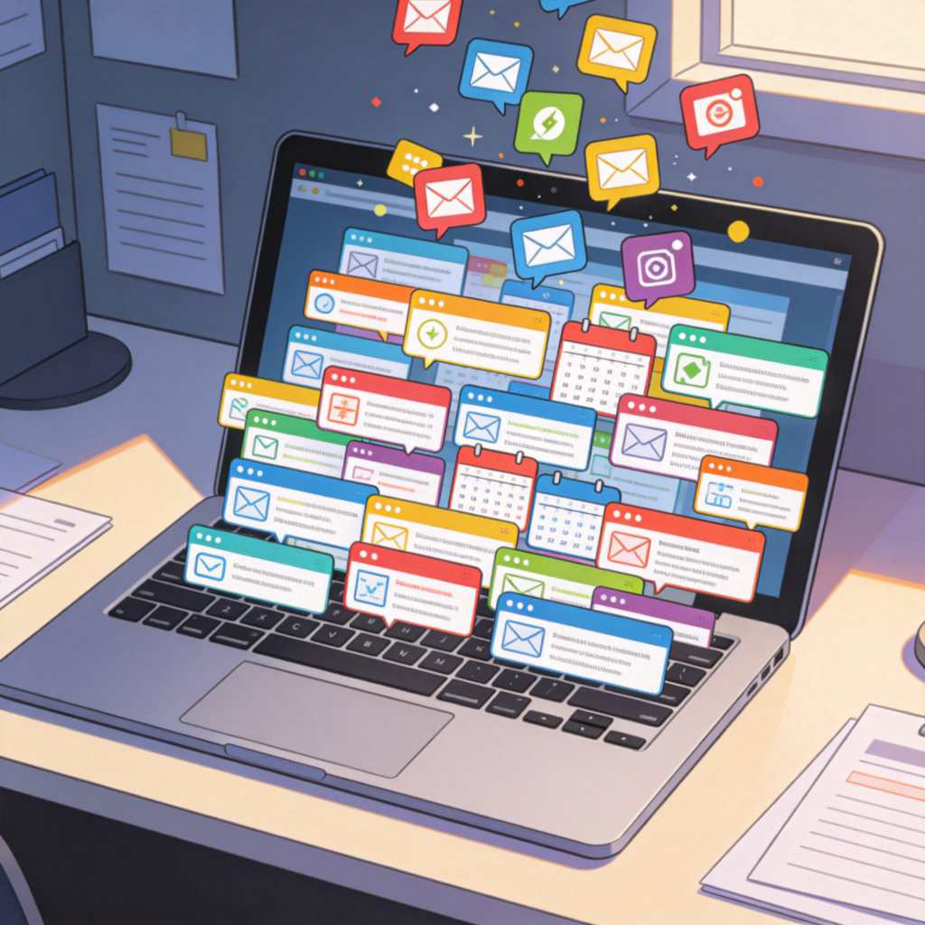 A close-up, top-down view of a modern office desk. A laptop screen is visible, overflowing with dozens of colorful email notification pop-ups and calendar alerts. More notification icons are falling onto the screen from the top of the image, creating a sense of being overwhelmed. Clean, digital illustration style. No text in the notifications.