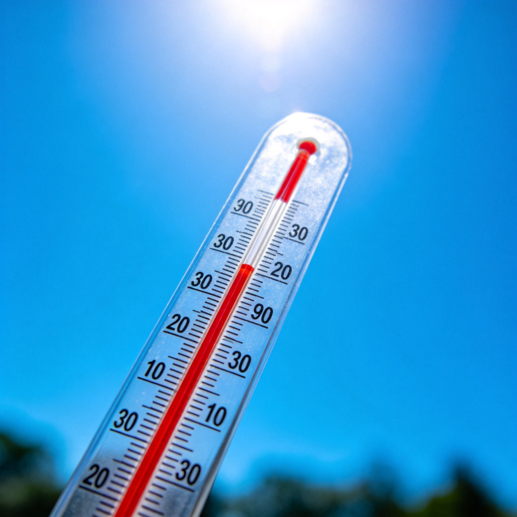 A close-up of a thermometer on a sunny day. The red mercury line is at the very top, pointing to the highest number, indicating extreme heat. The background is a blurred, bright blue sky. The image conveys the concept of 'so hot' in a direct and universally understood way. No text or logos.