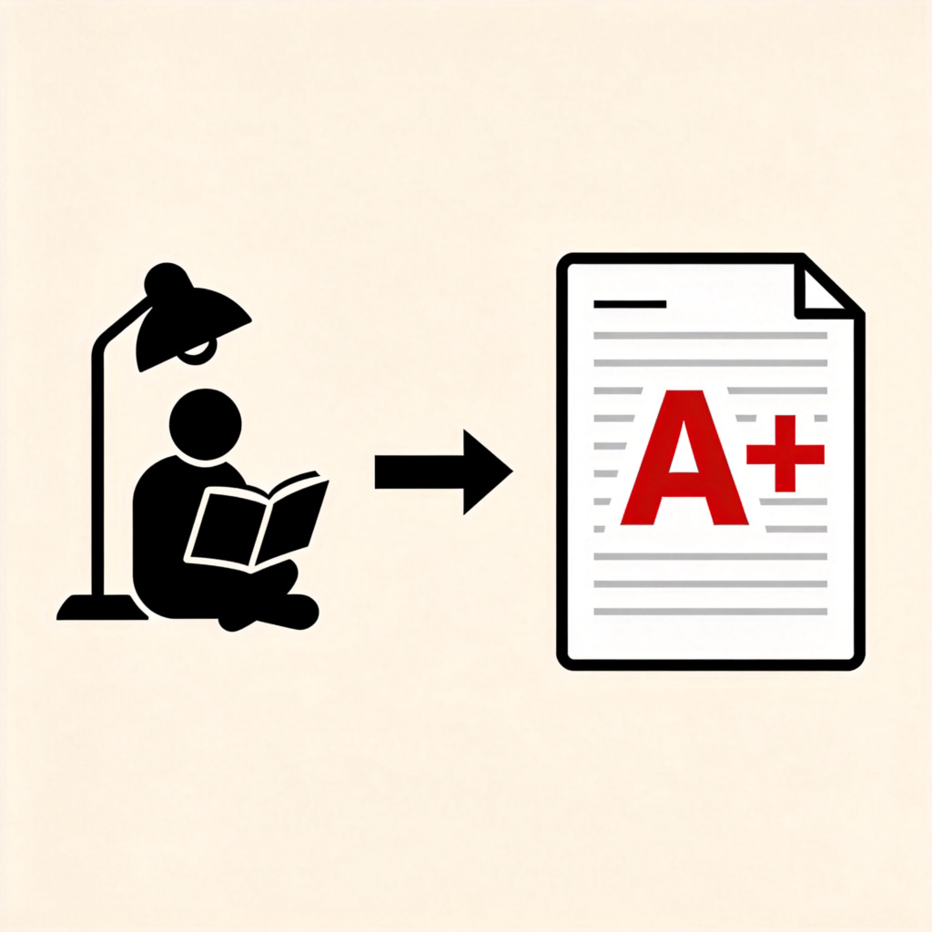 A simple, clear diagram. On the left side is an icon of a person reading a book under a lamp. An arrow points to the right. On the right side is a large, red letter 'A+' on a test paper. The image visually shows the cause (studying) and result (good grade) relationship, with 'so' implied by the arrow. No text.