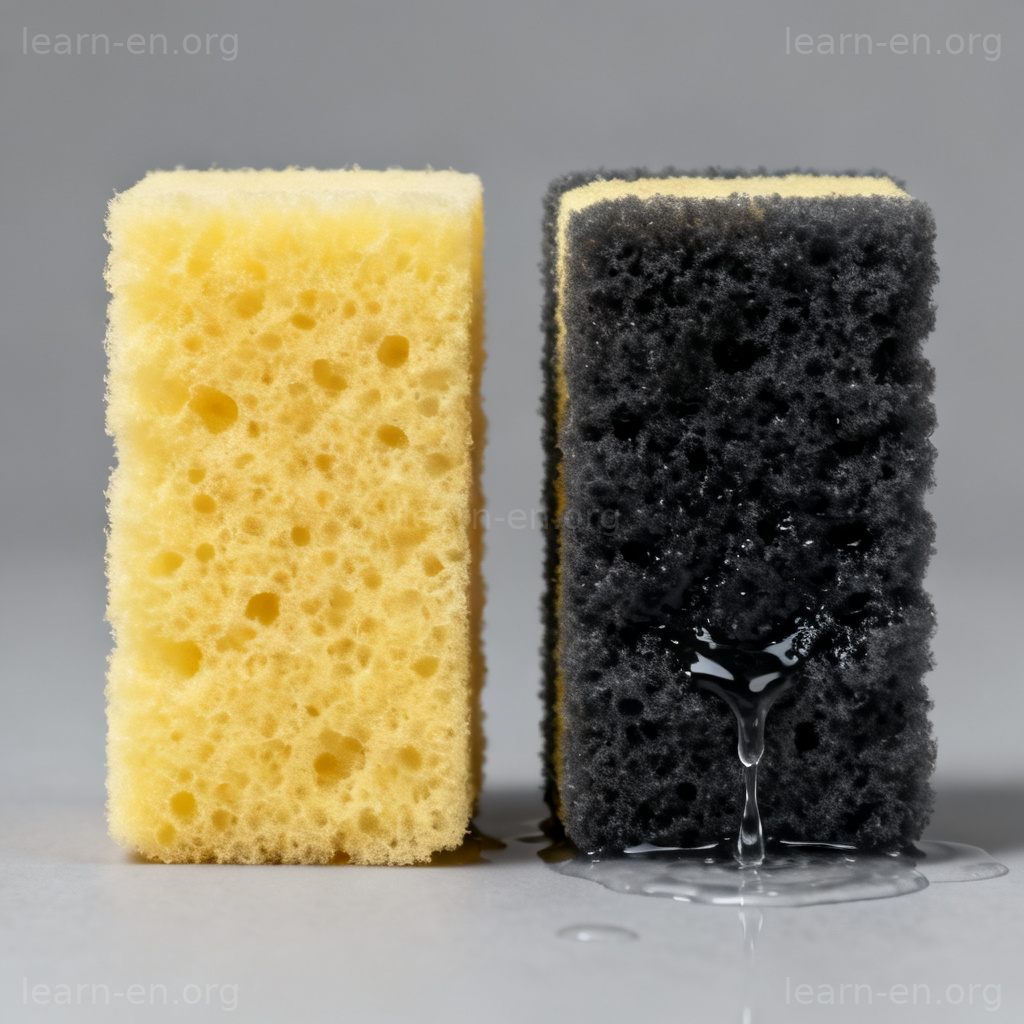 Soak meaning shown by a dry sponge compared to a soaked, dripping sponge.