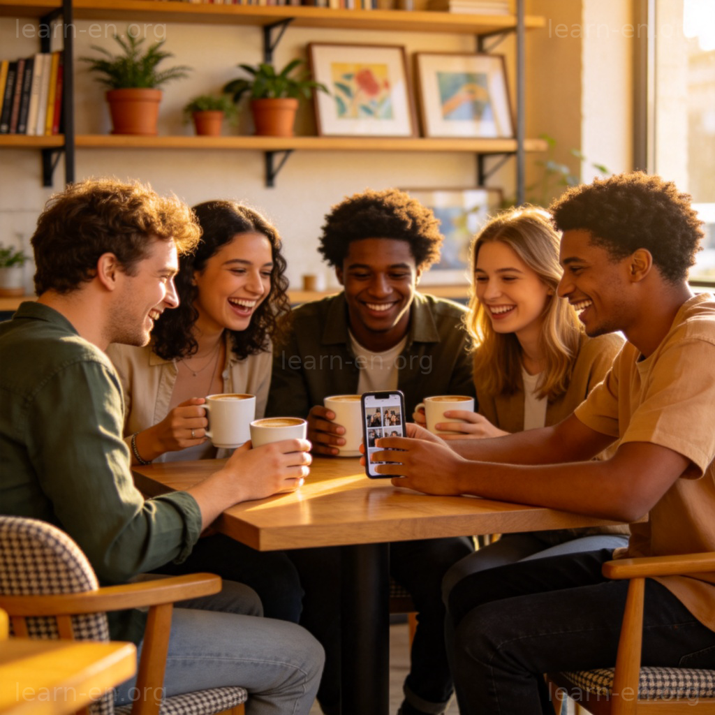 Social gathering of friends laughing in a café