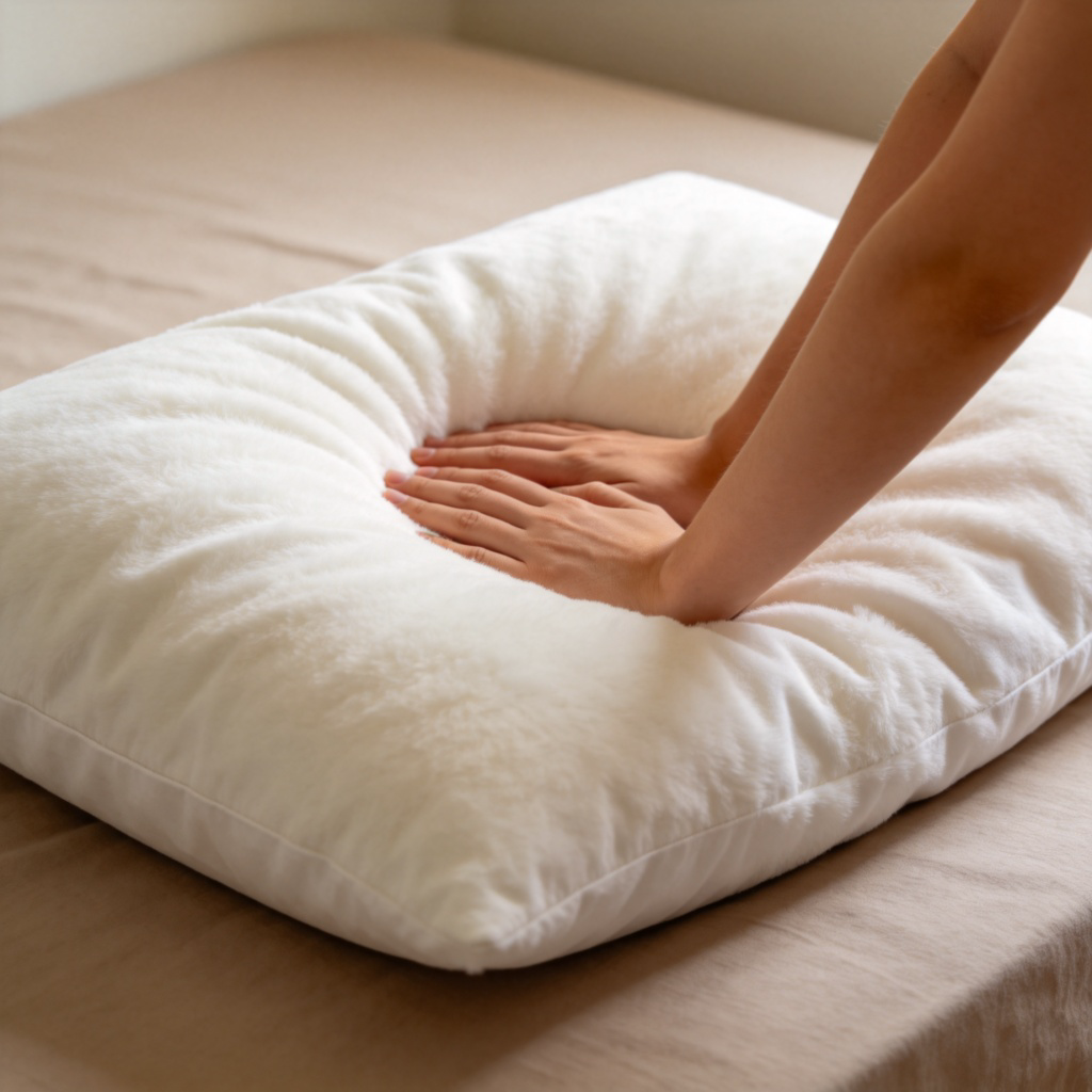 A close-up side view of a person's hands gently pressing down on a fluffy white pillow, causing it to indent deeply. The pillow is on a simple, neutral-colored bed. The lighting is warm and soft, highlighting the pillowy texture. No text.