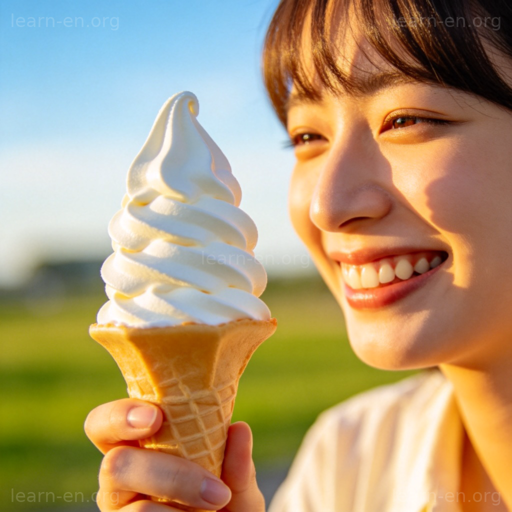 Soft serve ice cream cone with creamy swirl held on sunny day