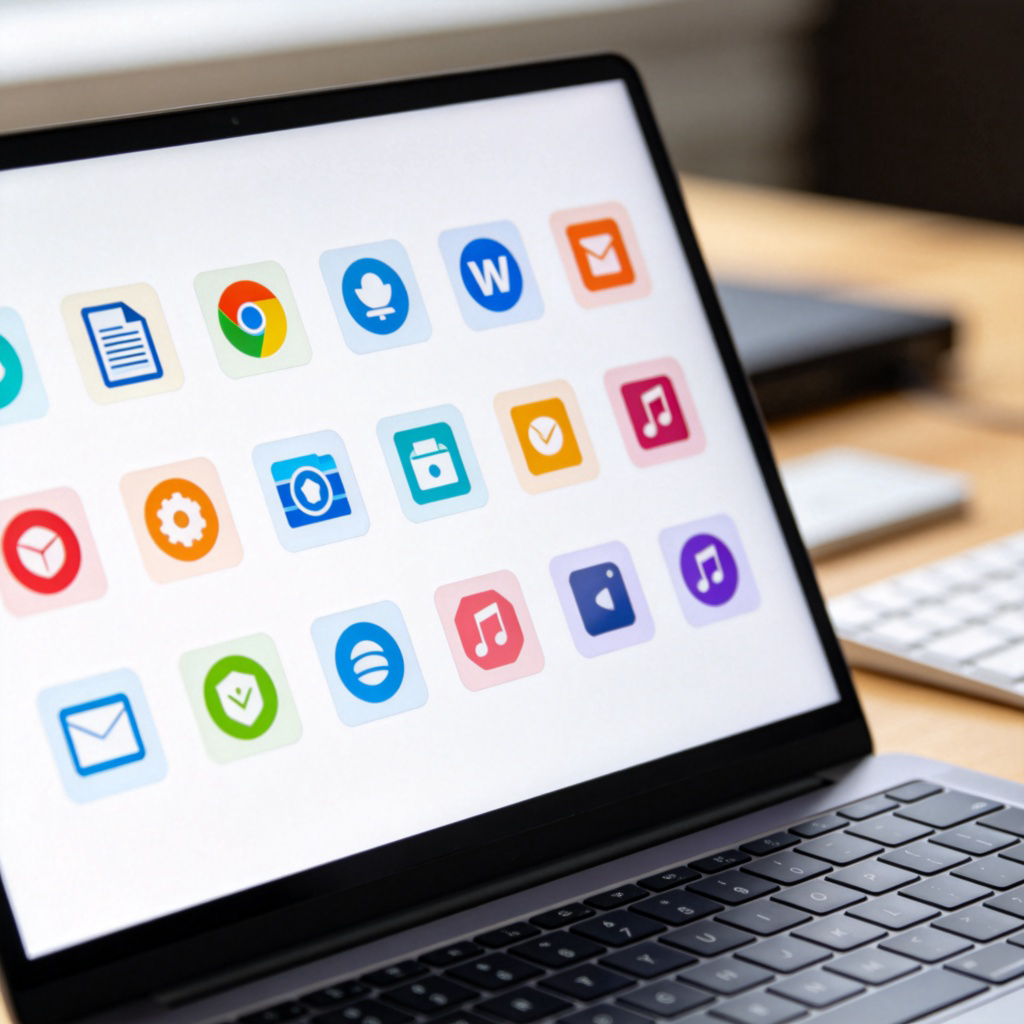 A close-up photograph of a laptop screen displaying multiple colorful software icons, such as a word processor, a web browser, and a music player. The icons are neatly arranged on a clean desktop background. The screen is bright and clear, with a slightly blurred out-of-focus desk and keyboard in the background. Photorealistic style, natural lighting, no text or logos visible.