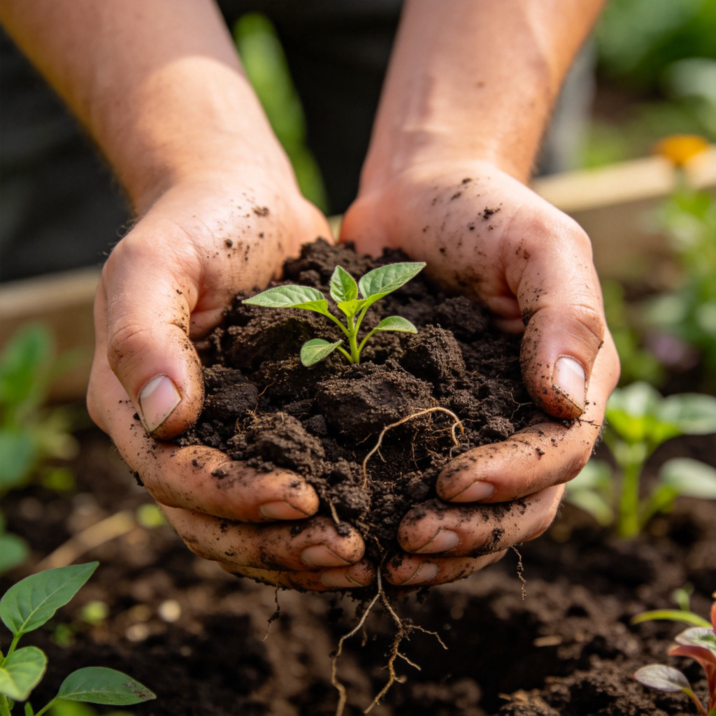 A close-up shot of a gardener's hands holding a clump of dark, rich garden soil. A few small green leaves or roots are visible in the soil. The hands are slightly dirty, and the background is a blurry garden with other plants. The lighting is natural and soft, focusing on the texture of the soil.