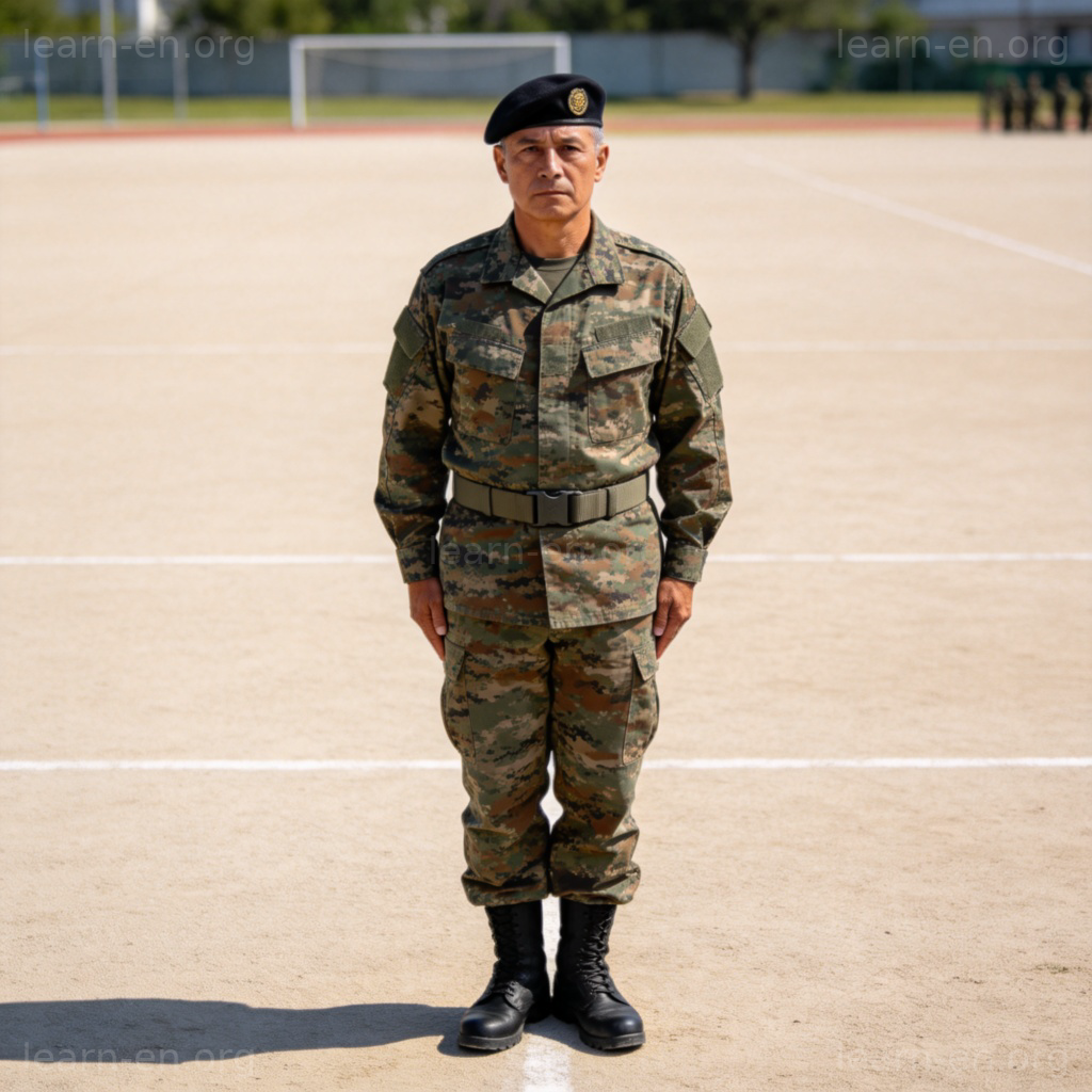 soldier 士兵图解：身着迷彩军装的士兵立正站姿