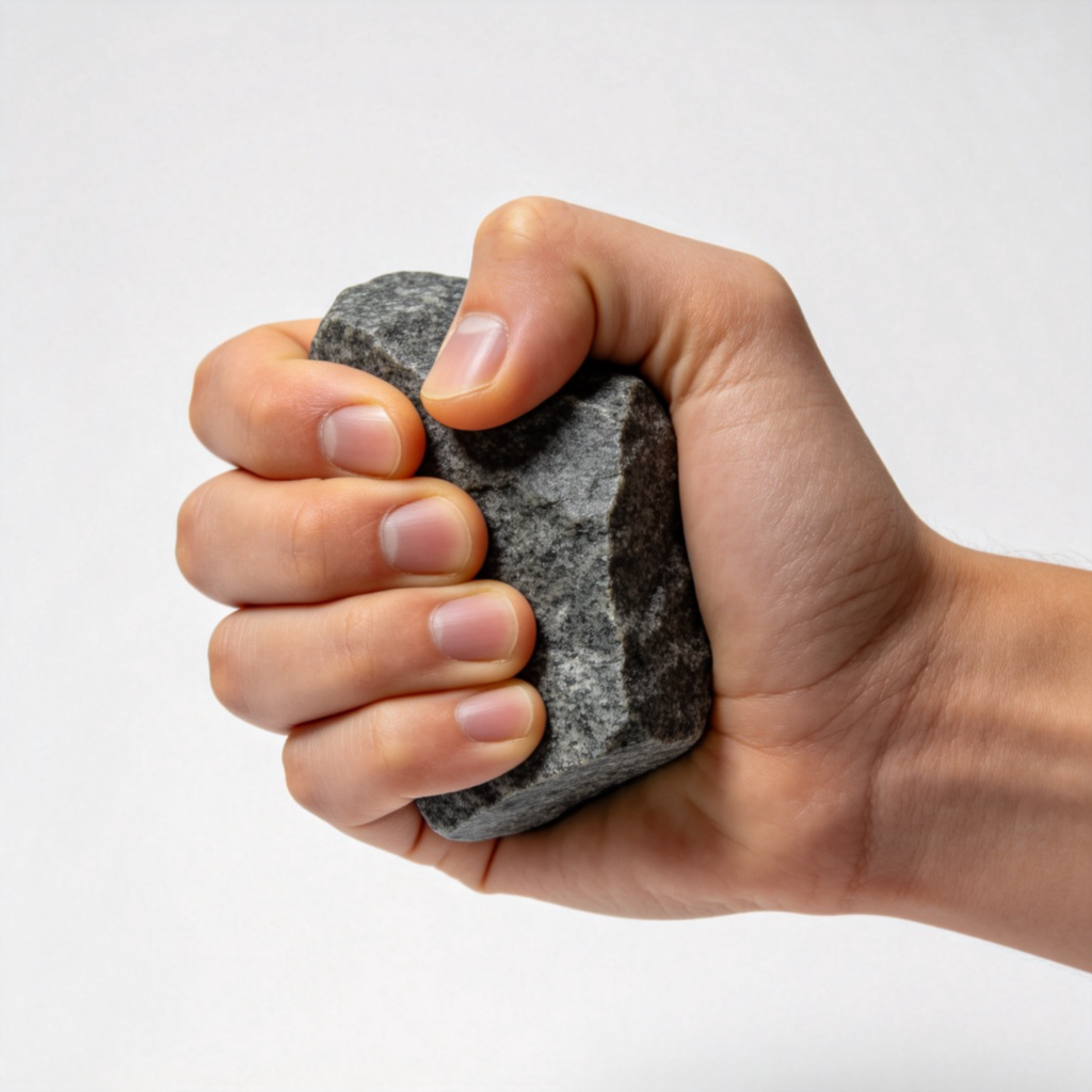 A close-up of a hand squeezing a piece of dark grey granite. The rock is dense, non-porous, and shows no sign of bending or giving way. Plain background, studio lighting to highlight texture. No text.