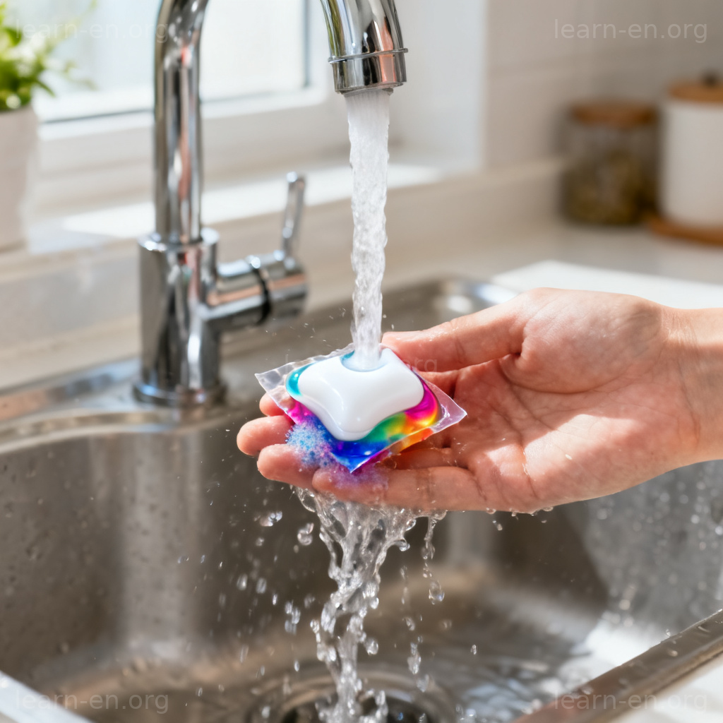 Soluble product example showing a dishwasher pod dissolving under running water.