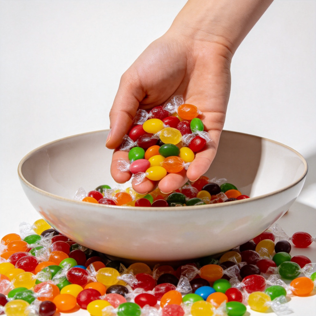A person's hand reaching into a wide, shallow bowl filled with colorful candies, scooping up an indeterminate handful. The rest of the candies remain in the bowl. Clean, bright background, focus on the hand and the candies. No text.