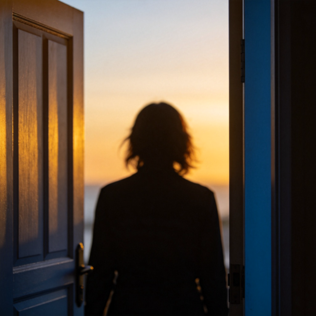 A person's silhouette from behind, slightly blurred and standing at a door in the evening light. The focus is on their uncertain presence, not their face. The door is slightly ajar. Peaceful, slightly mysterious mood. No text or recognizable features.