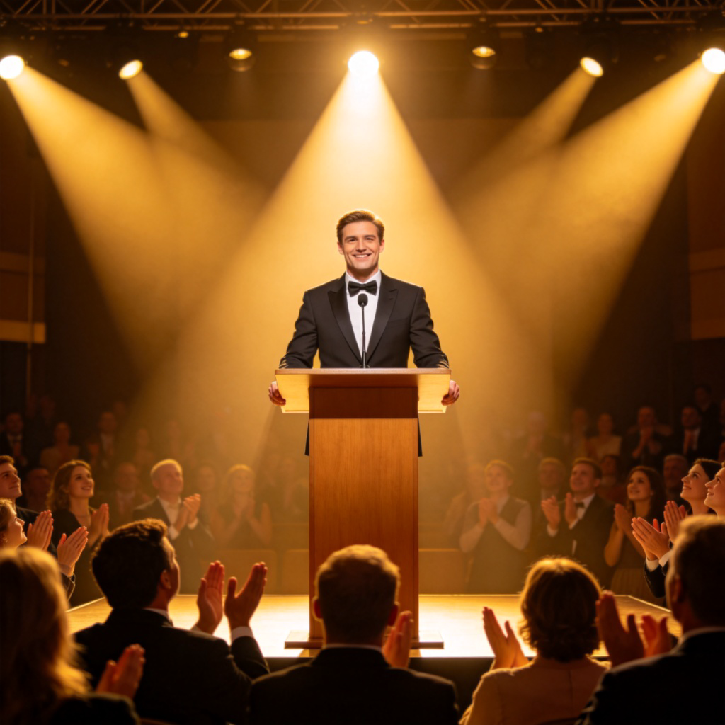 A confident, well-dressed person giving a speech on stage under bright spotlights. People in the audience are clapping and looking up with admiration. The speaker is smiling, showing success. Clear focus on the speaker as the center of attention.