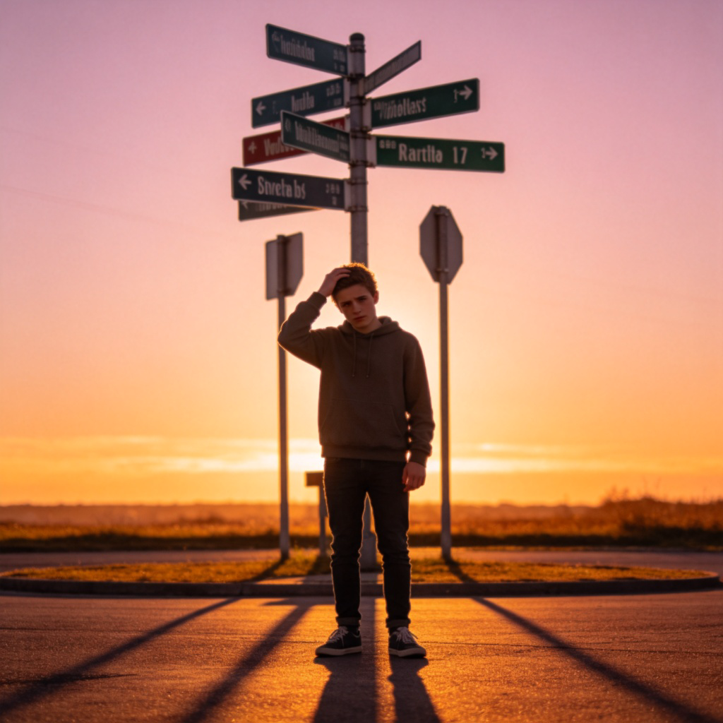 A young person looking confused and thoughtful, scratching their head while standing at a crossroads with multiple street signs. The sun is setting, casting long shadows. The expression shows a mix of confusion and eventual realization. No text in the image.