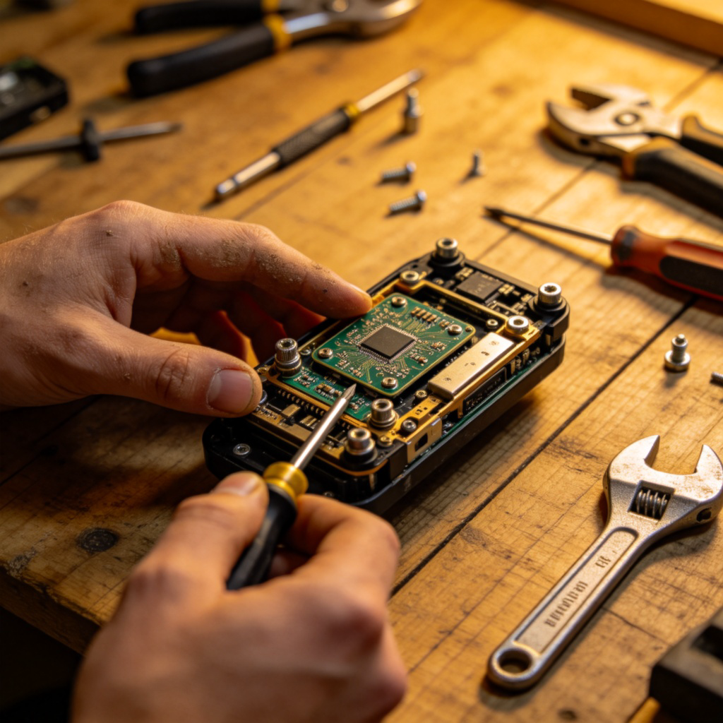 A person's hands successfully fixing a complex gadget with scattered tools around on a wooden workbench. One hand is holding a screwdriver, the other is steadying the device. The focus is on the hands and the act of problem-solving. No text.