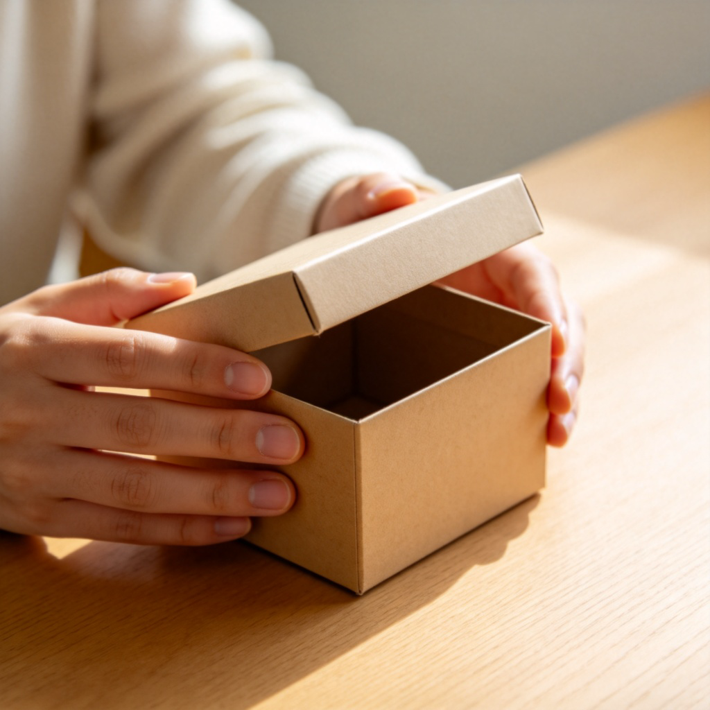 A close-up shot of a person's hands holding a small, unwrapped cardboard gift box with the lid slightly open, as if they are about to peek inside. Their expression is curious and expectant. Soft lighting on a plain wooden table. No text or logos.