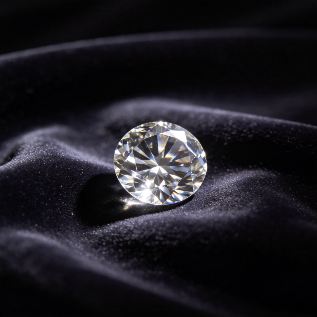 A single, beautifully cut diamond or a piece of intricate, polished crystal resting on a dark velvet cloth. The gem catches the light and sparkles brilliantly, standing out against the simple background. Sharp focus, dramatic lighting. No text.