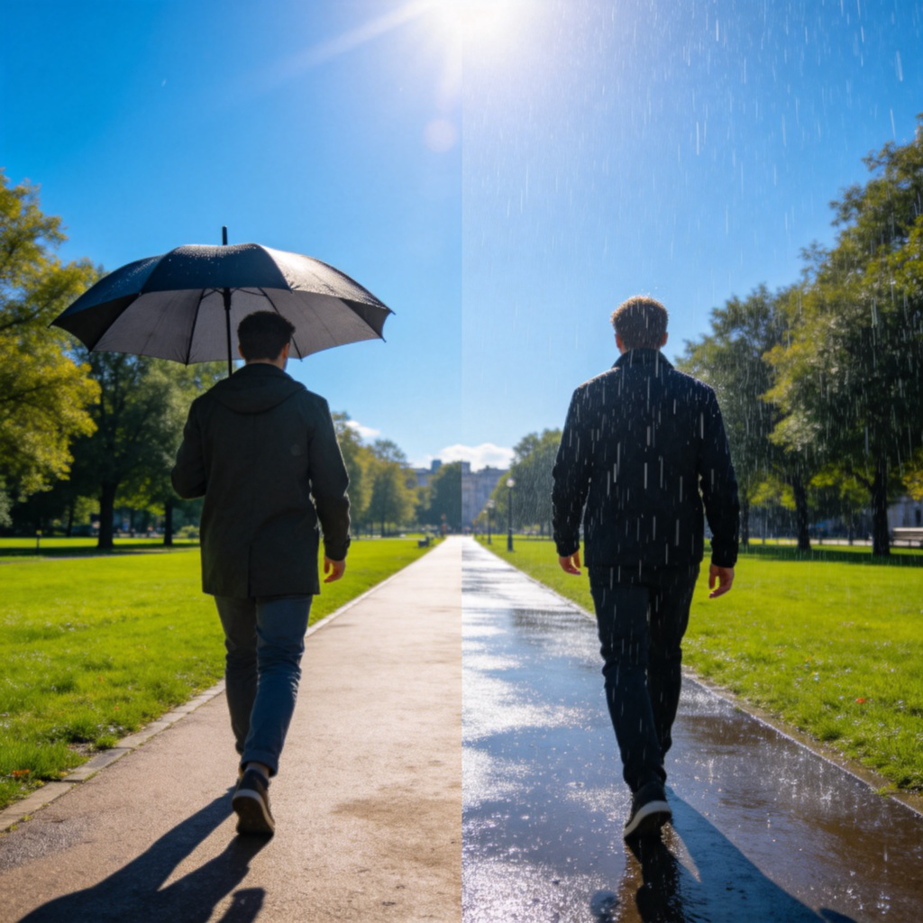 A split-screen image. On the left side, a person is walking with an umbrella under a clear, sunny sky. On the right side, the same person is walking without an umbrella in a light rain. The background is a simple city park path. The contrast clearly shows the concept of 'sometimes' doing one thing and 'sometimes' doing another. Photorealistic style, bright colors, no text.