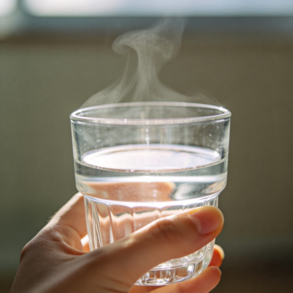 A person's hand holding a clear glass of water. A faint wisp of steam rises from the surface of the water, but it's not a lot, indicating the water is only somewhat warm, not hot. The background is softly blurred, focusing on the glass and the subtle steam. Natural lighting, close-up shot.