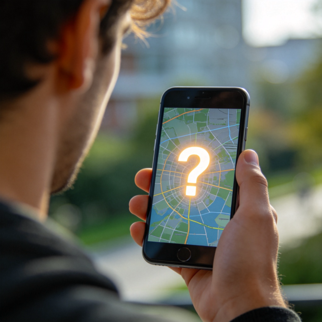 A person looking at a smartphone screen showing a digital map with a glowing question mark in the middle of an undefined area. The surroundings are slightly blurred, emphasizing the uncertainty of the location. Daylight, clear focus on the screen and the person's hand. No text or logos.
