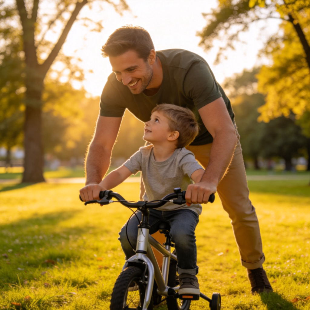 A warm, realistic scene in a sunny park. A smiling man is bent over, steadying a small bicycle for a young boy (his son) who is determinedly trying to pedal. The focus is on their interaction and supportive hands. The boy looks up at the man with trust. Natural lighting, clear and joyful atmosphere. No text or logos.