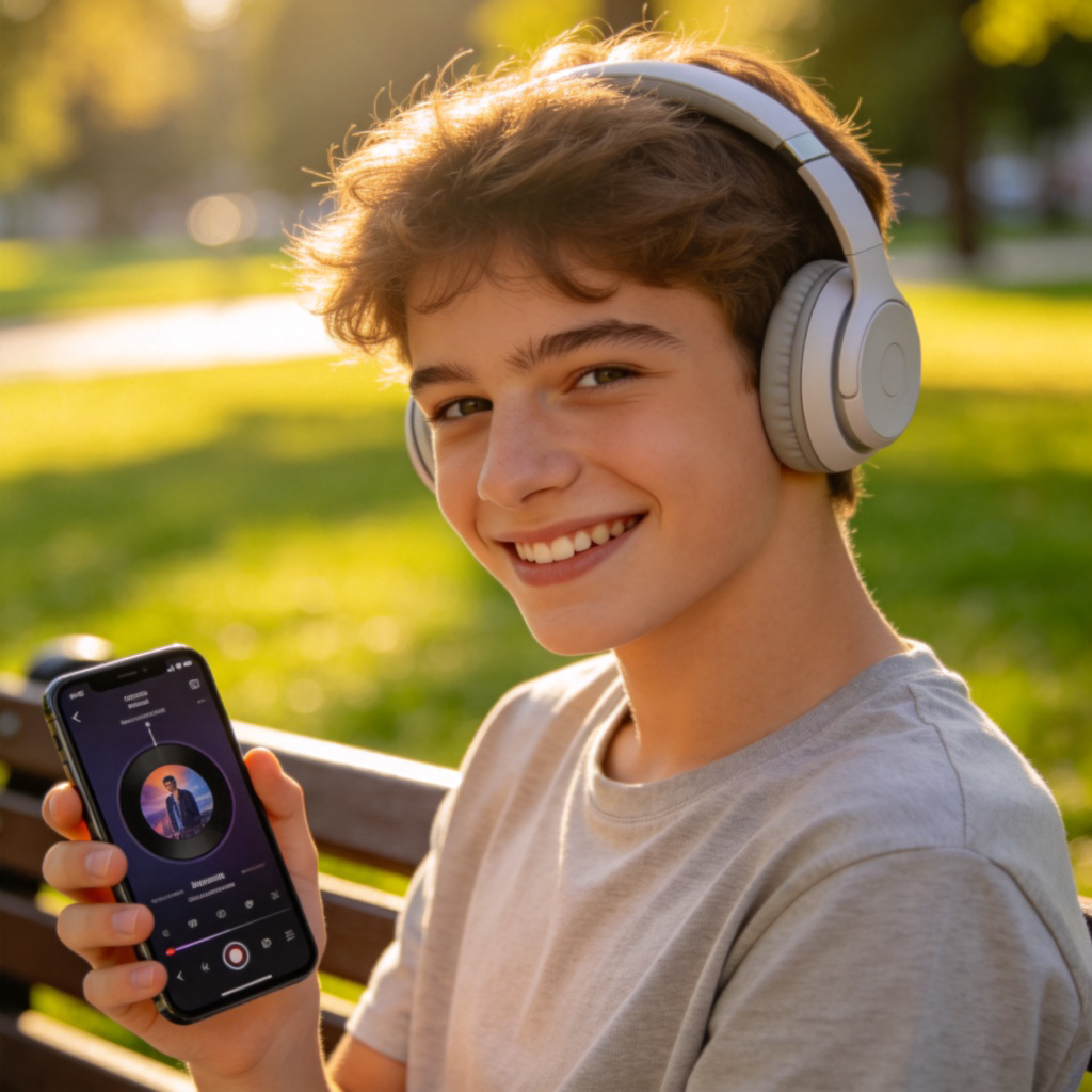 A young person sitting on a park bench, wearing wireless headphones and smiling while looking at a smartphone screen showing a music app. Sunny day, green grass in the background, focus on the person's relaxed expression and the device. No text.