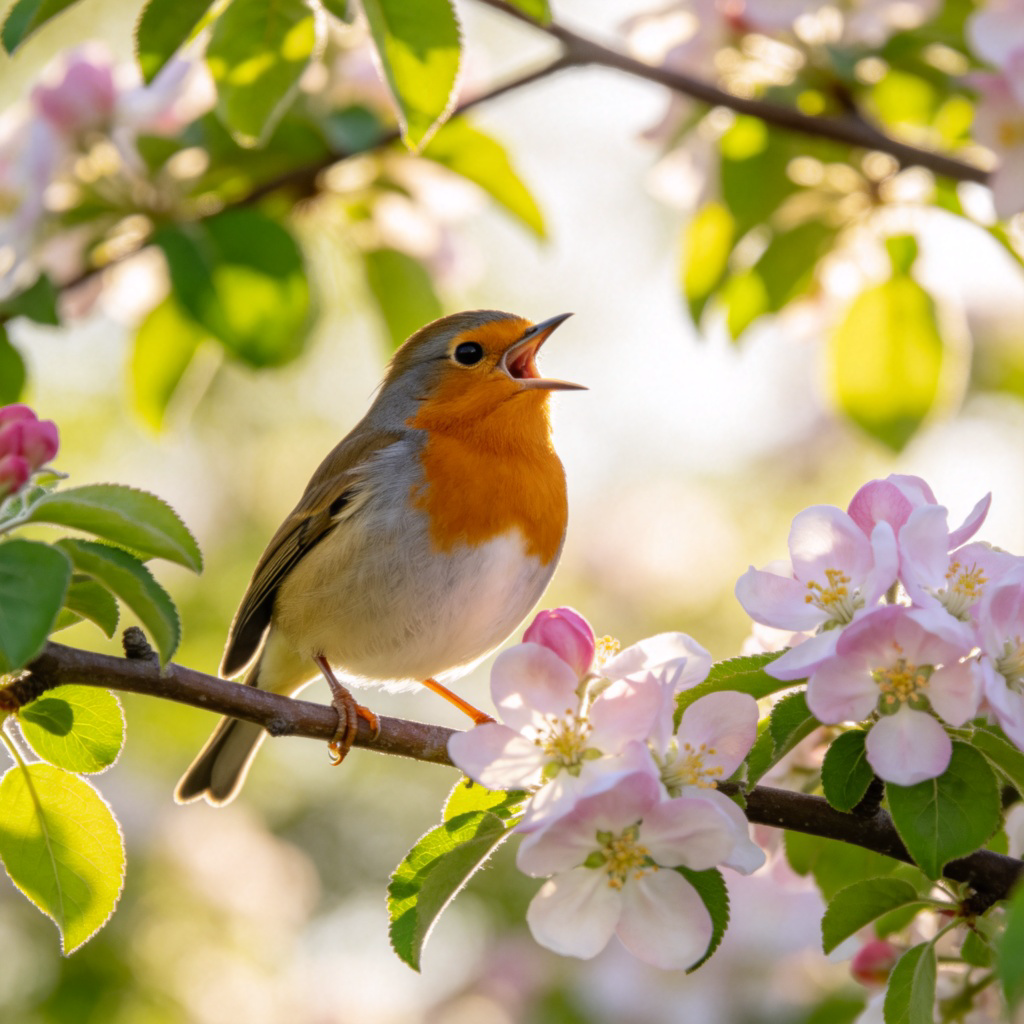 A close-up of a small, brightly colored bird perched on a blossoming tree branch, with its beak open as if singing. Soft morning light filters through leaves, creating a peaceful natural scene. No text or human elements.