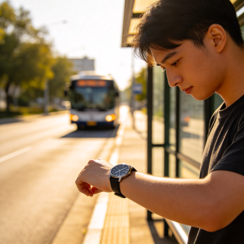A person looking at their wristwatch while standing at a bus stop on a sunny day. The bus is visible as a blurry, approaching shape in the distance down the street. The person's expression is expectant but patient. Clean, bright background, focus on the person and the watch. No text.