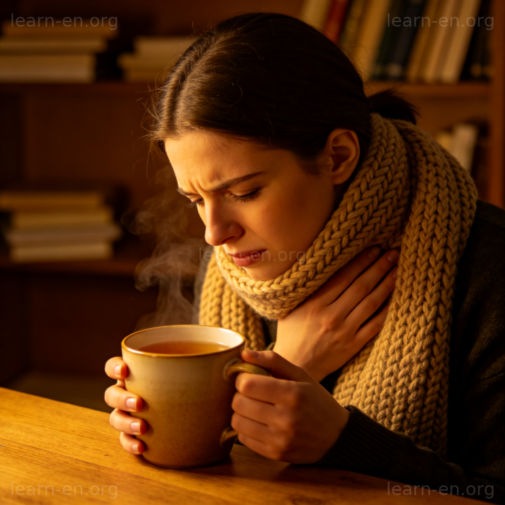 Sore Throat 图解：喉咙痛的人围着围巾喝热茶