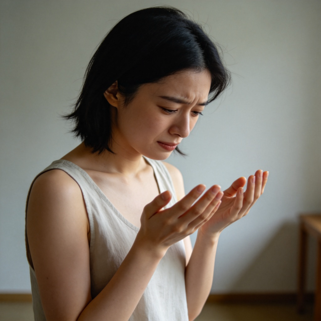 A close-up of a person looking down with an embarrassed and regretful expression, their hands are slightly raised in a gesture of apology. They are standing in a simple room. The focus is on their sincere facial expression and body language. Soft lighting, photo-realistic style. No text or logos.