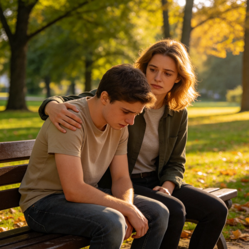 Two friends sitting on a park bench. One person has a comforting arm around the other, who looks sad and is looking down. The comforting friend has a warm, sympathetic expression. Sunny day, green trees in the background. Focus on the supportive interaction and empathetic facial expressions. Photorealistic style. No text.