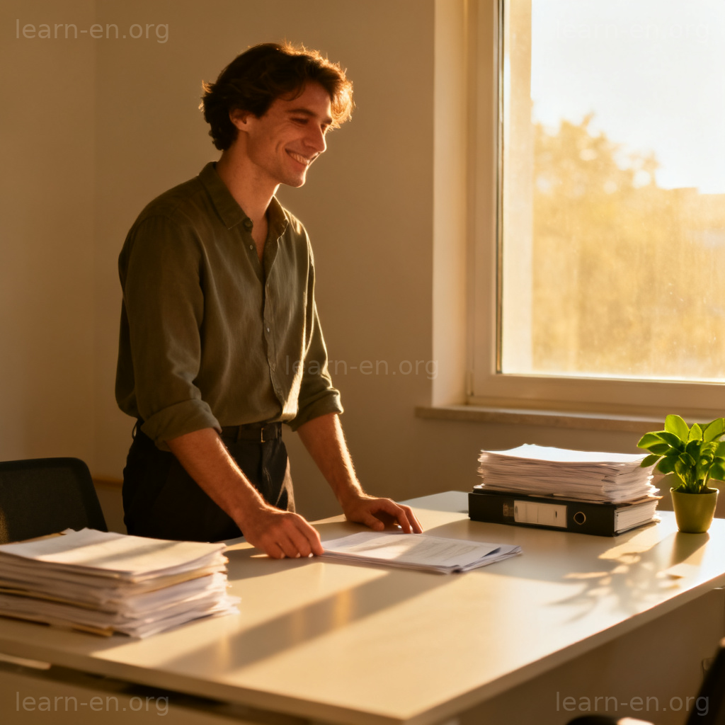 Sort out messy papers into neat stacks on desk