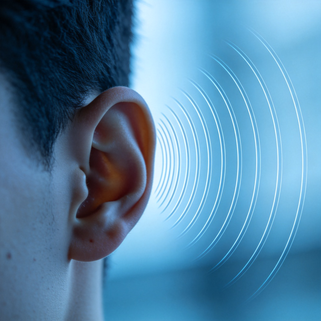 A close-up of a person's ear, with sound waves (visualized as concentric, curved lines) coming from the right side towards the ear. The background is a soft blue, representing calmness. The ear and sound waves are the clear focus.