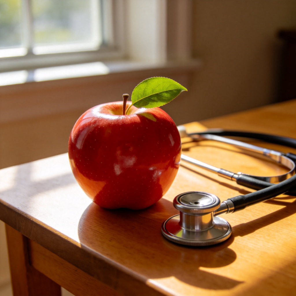 A bright red, shiny apple sitting on a wooden table next to a stethoscope. The apple is perfectly round with a fresh green leaf. The image conveys health, freshness, and being in good condition. Natural lighting from a window.